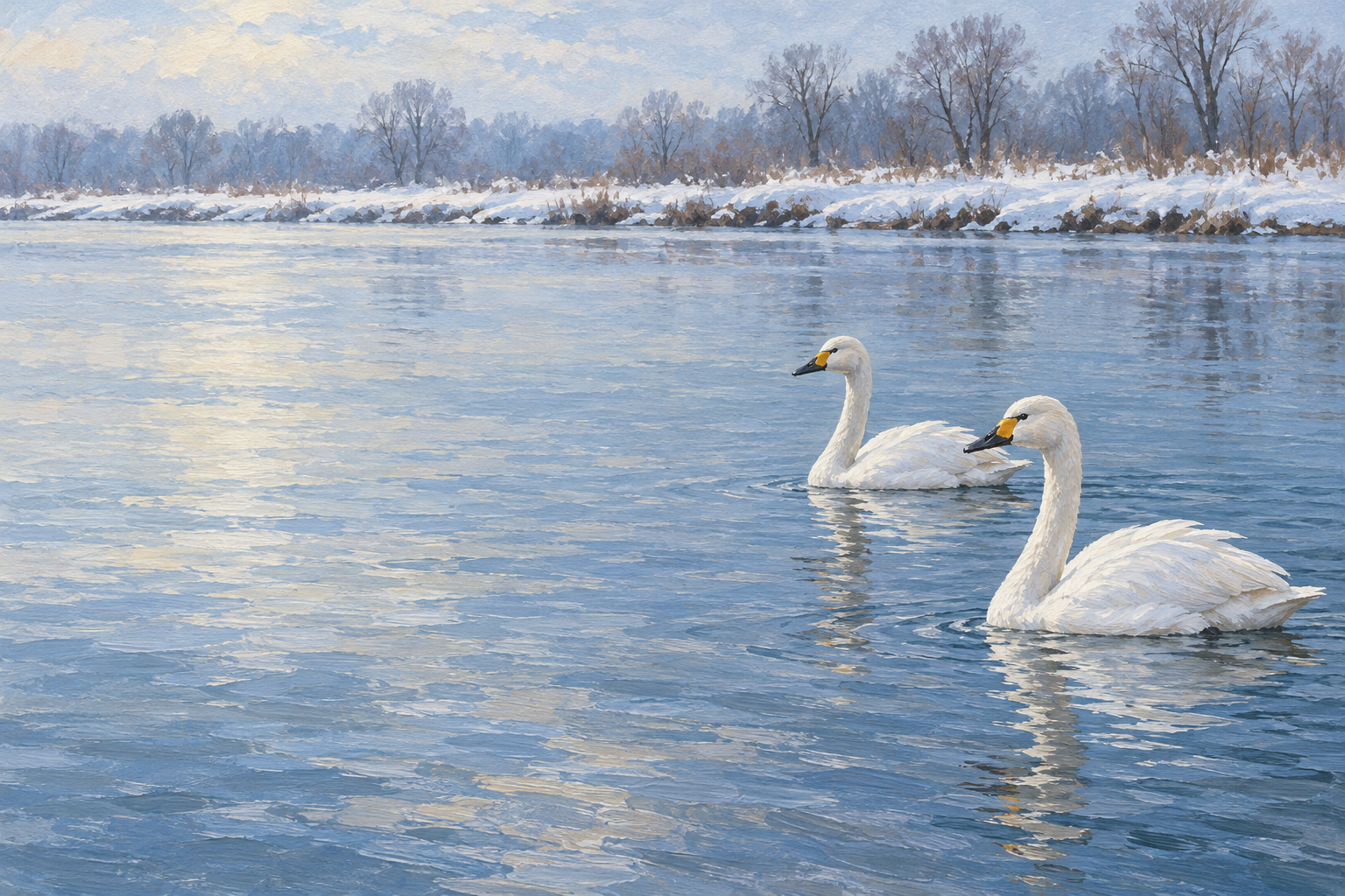 阿賀野市の瓢湖をモチーフに、青い水面の白鳥と雪のある岸、葉を落とした木々を描いた創作イラスト。鳥の種類や数、岸や木々の配置は創作・簡略化を含み、現在の渡来数・積雪・天候・通行や安全を示す写真ではありません