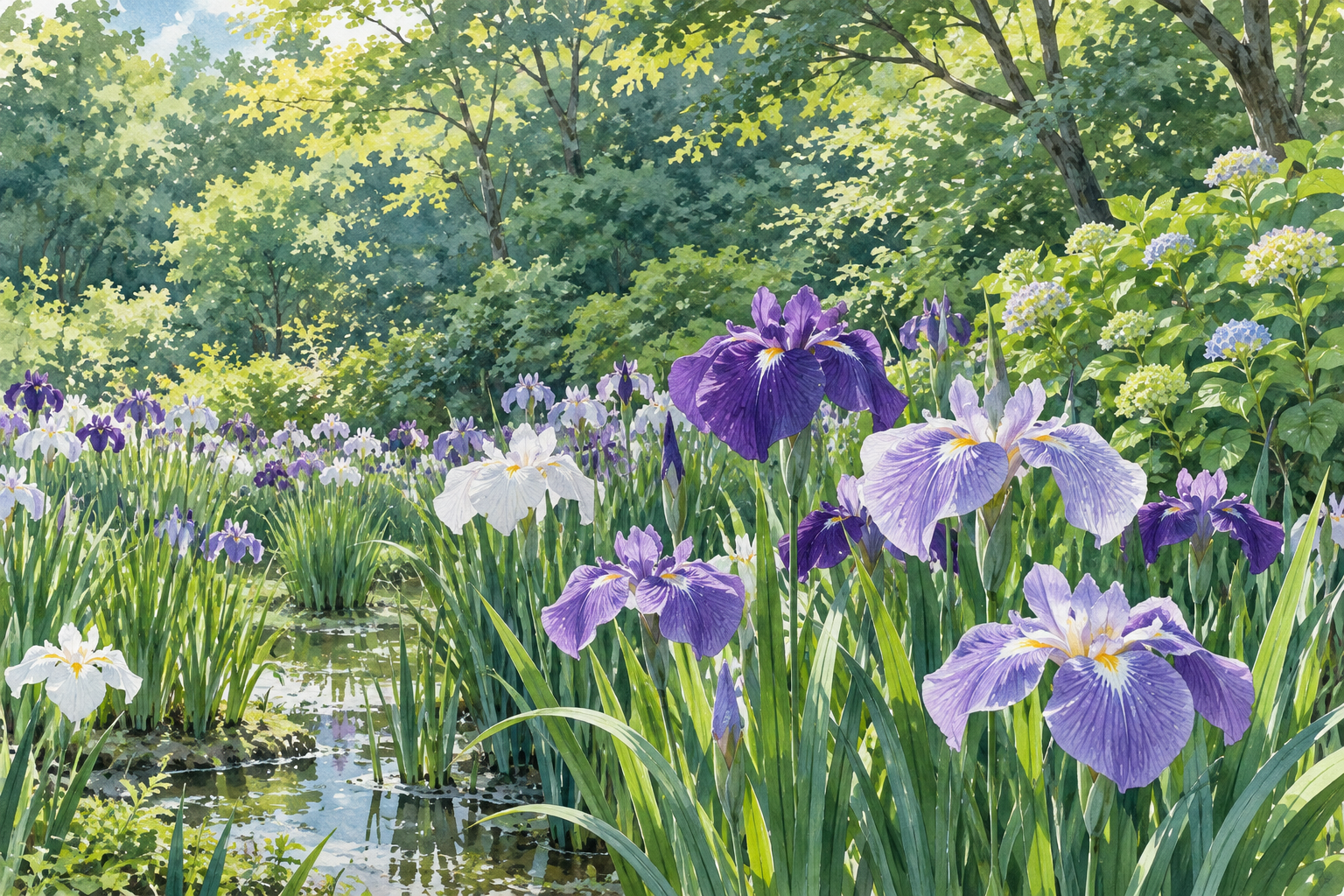 上尾市の景観資料を参考に、木立のそばの菖蒲田を描いた創作イラスト。実景写真ではありません。