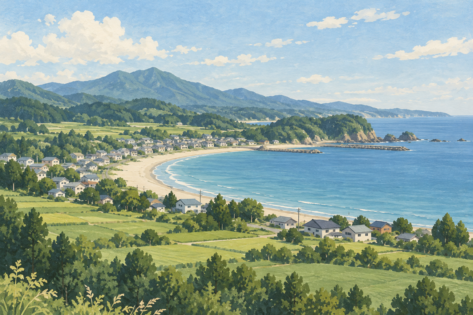鰺ヶ沢町をイメージした、海岸沿いの家並みと遠くの山、緑の風景のイラスト