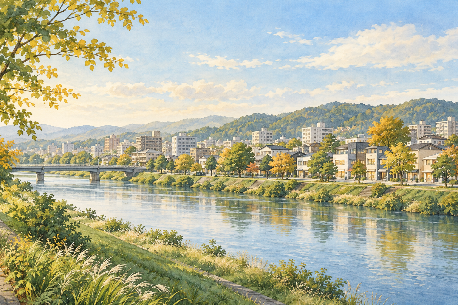 秋田市の川沿いと日常の街並みをイメージした創作イラスト。特定の場所やBämの拠点を描いた実景ではありません。