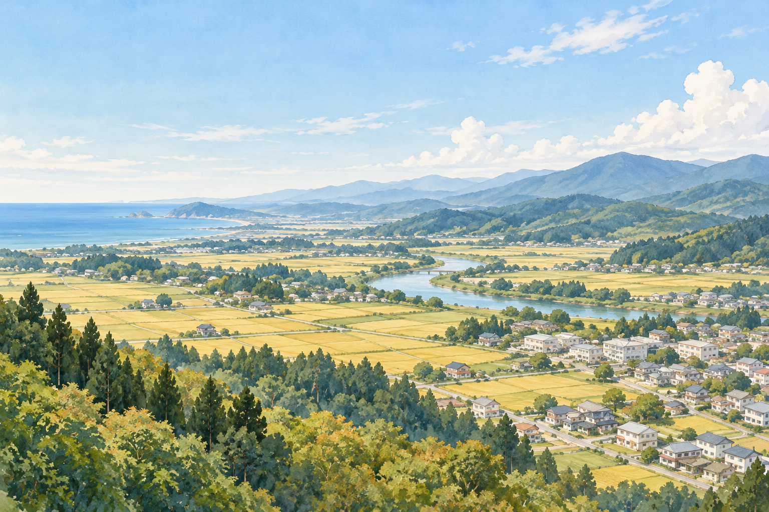 秋田県の田園、町並み、川と山、沿岸をイメージした創作イラスト。特定の地点の実景やBämの拠点を描いたものではありません。