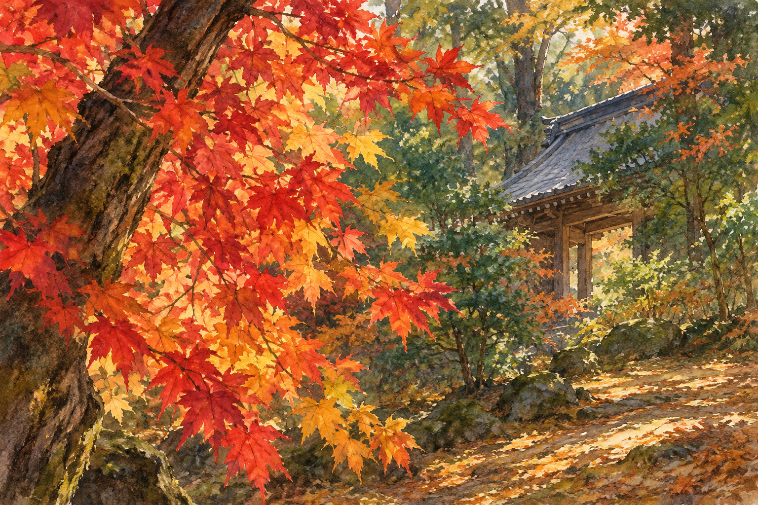 阿南町の関昌寺の山門と紅葉の景観をモチーフに、赤や黄の葉と木立、奥に見える屋根を別構図で描いた創作イラスト。木々や建物の形と配置は創作と簡略化を含み、正確な建築や境内、現在の紅葉や拝観条件を示す写真ではありません