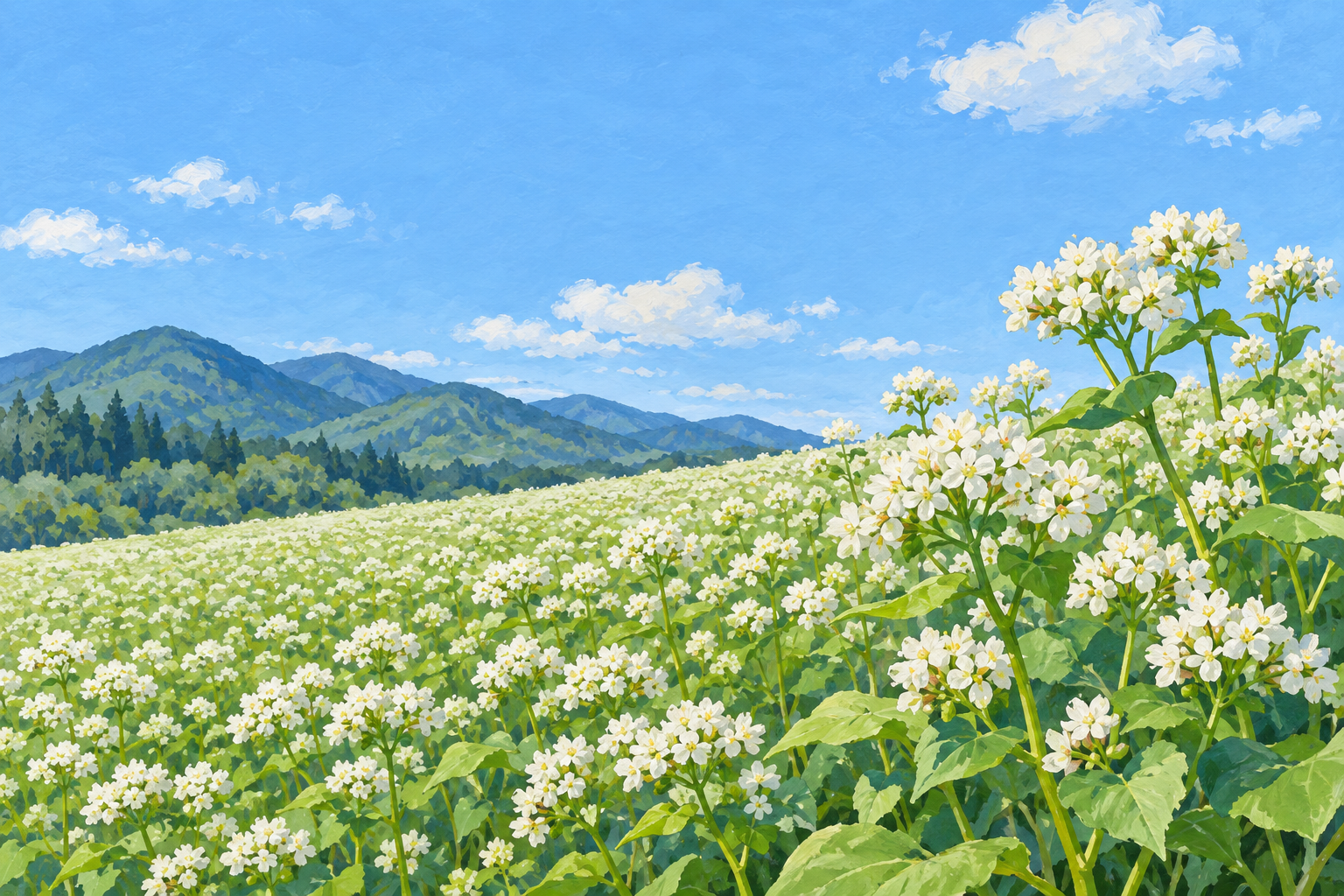 青木村のそば畑の景観をモチーフに、広がる白い花と緑の葉、遠い山並みを別構図で描いた創作イラスト。畑や花・山の形と配置は創作と簡略化を含み、正確な農地や現在の開花・天候、畑への立入りを示す写真ではありません