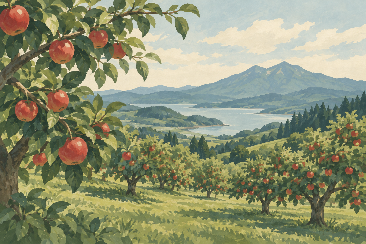 青森県をイメージした、果樹畑と山並みを描いたイラスト