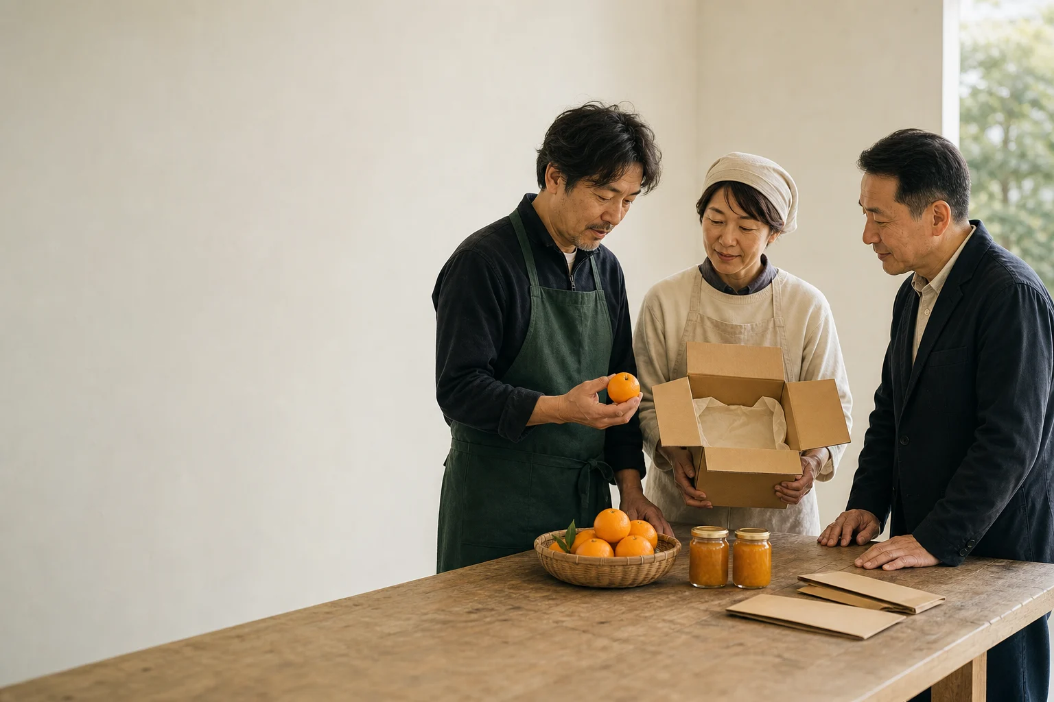 柑橘や加工品の見本、出荷資料を机に並べ、販売先へ伝える内容を話し合う様子