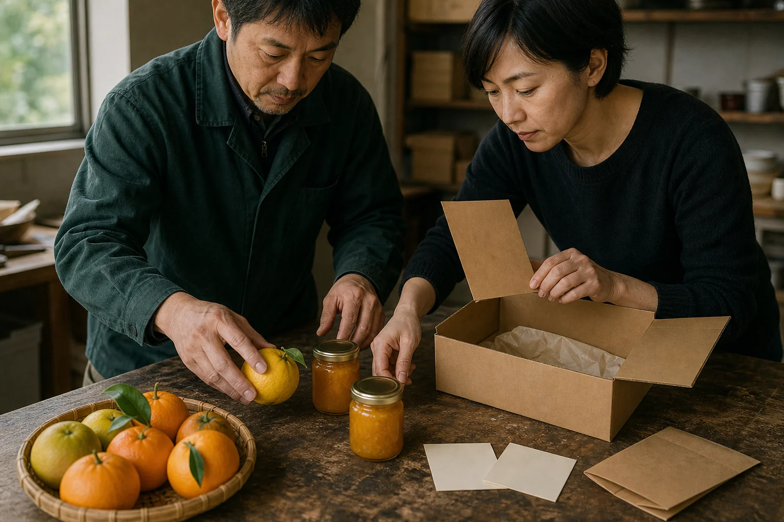 生産や出荷の流れを確認しながら、商品ページと会社紹介に必要な情報を整理する様子