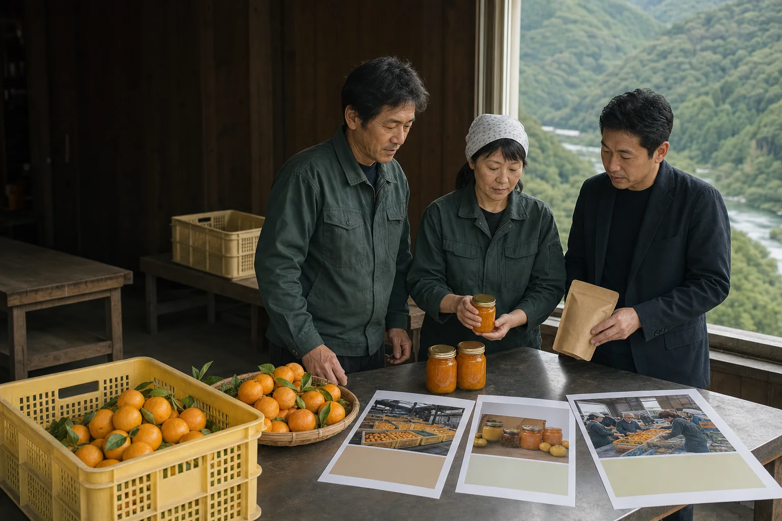 柑橘と無地の加工品容器を前に、地域の事業者と卸・通販・採用の案内を相談する様子