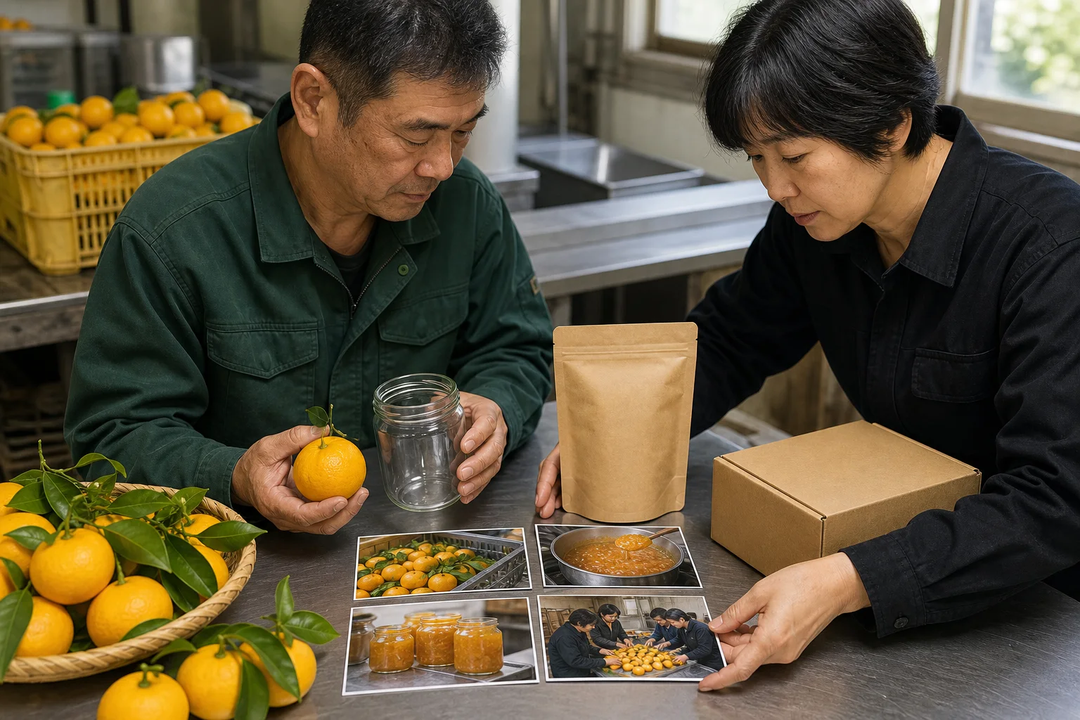 柑橘、加工、配送、職場の資料を机に広げて掲載内容を整理する様子