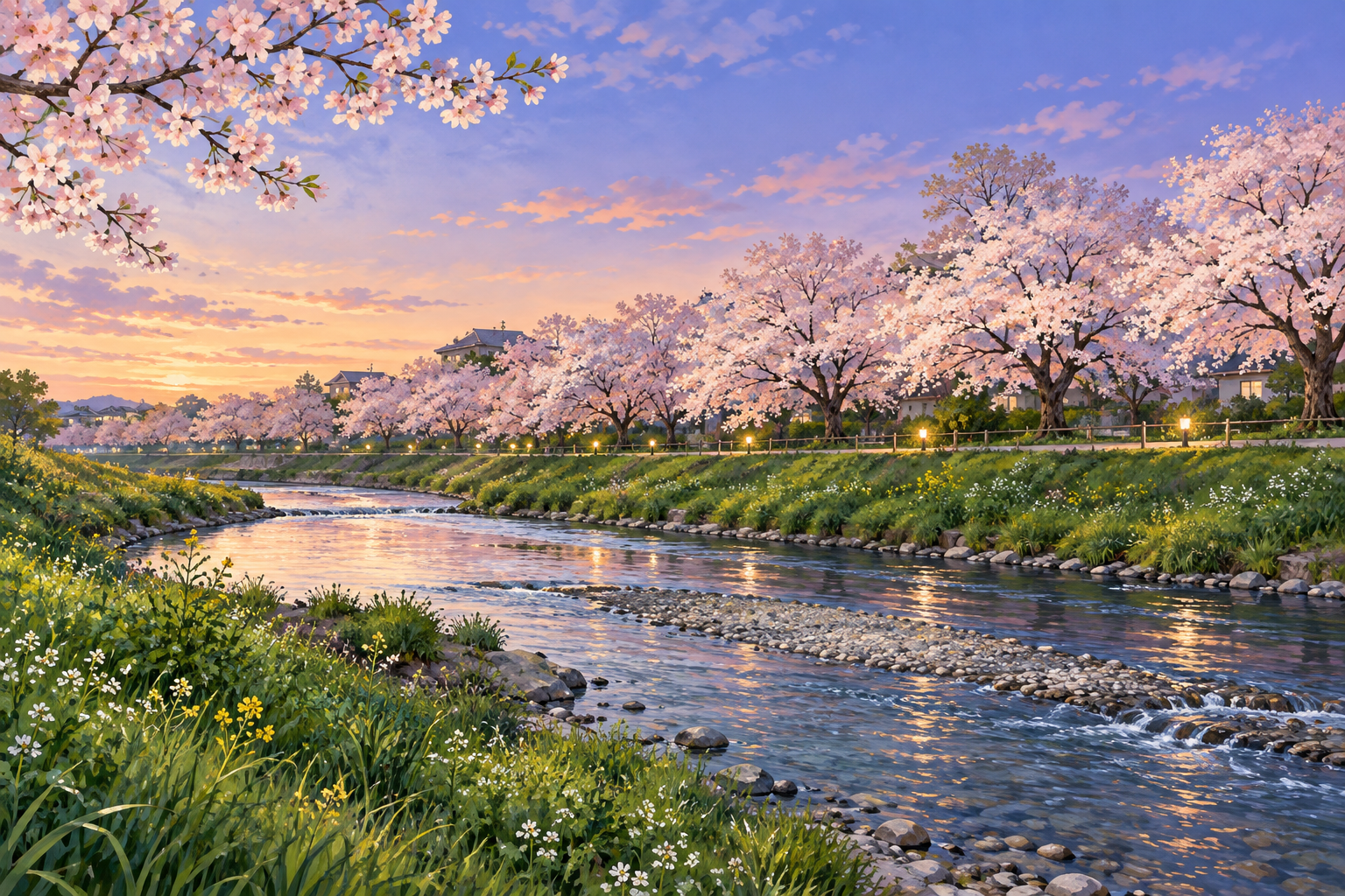 朝霞市の黒目川の景観資料を参考に、浅い流れと桜並木、夕暮れの空を描いた創作イラスト。実景写真ではありません。