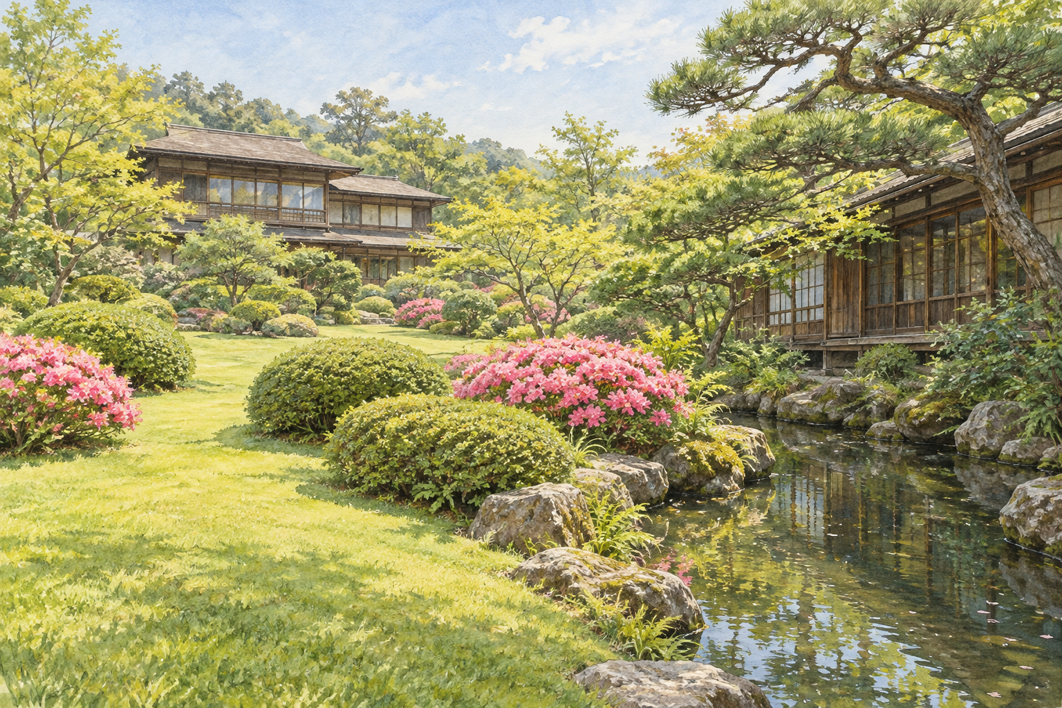 熱海市公式の起雲閣の写真をモチーフに、低い茶色の建物と緑の庭園、丸い植え込みと桃色の花、小さな池を別構図で描いた創作イラスト。建物や庭は創作・簡略化を含み、正確な建築の復元図や現在の開花・経路を示す写真ではありません