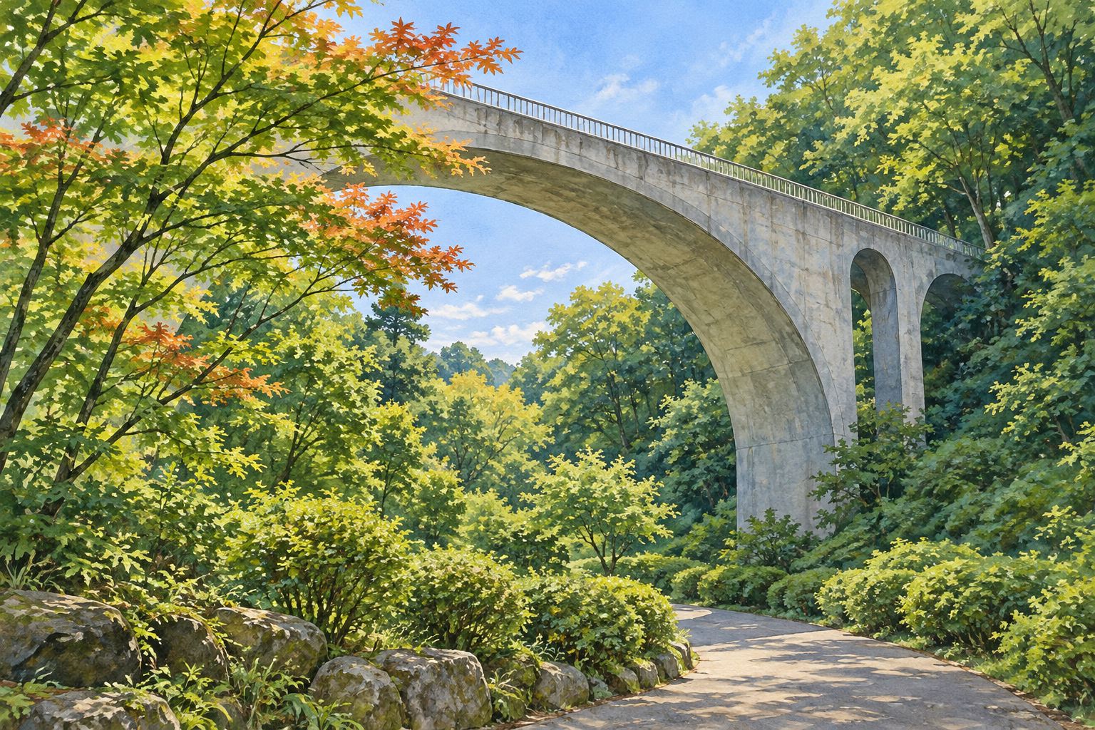 厚木市の七沢森林公園にある森のかけはしをモチーフに、木々の間の高いコンクリート橋と園路を描いた創作イラスト。正確な構造、現在の紅葉や通行、安全の状況を示す写真ではありません