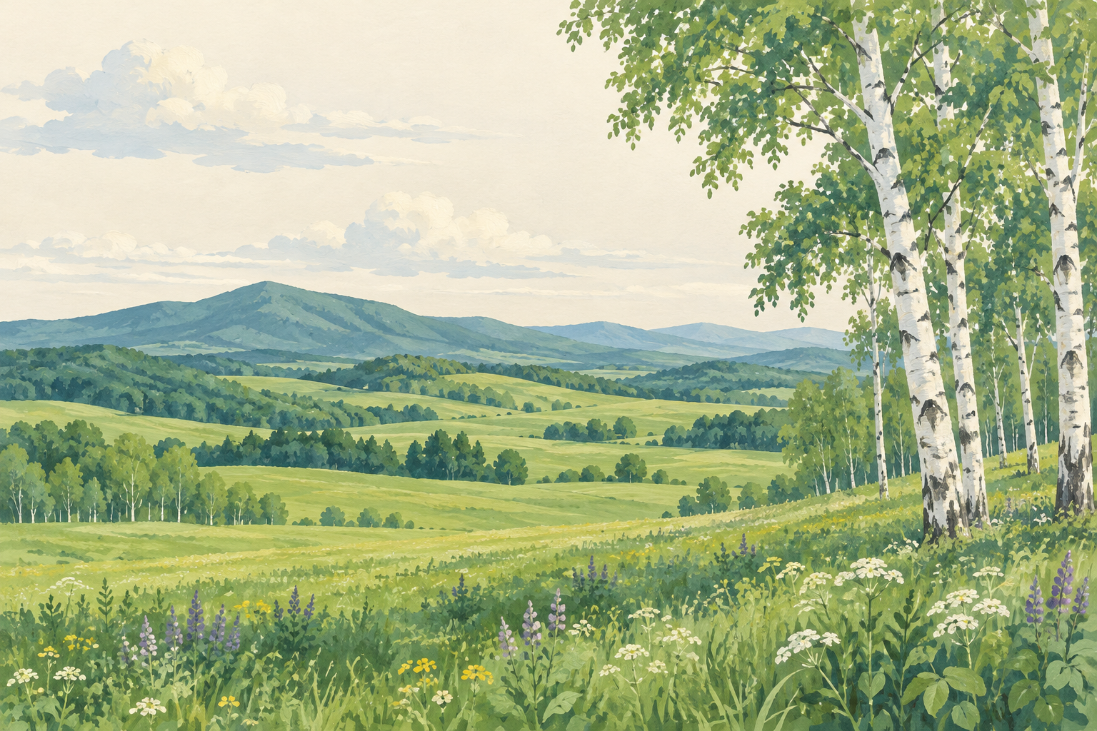 白樺の木立と広がる草地を描いた、美深町をイメージするイラスト
