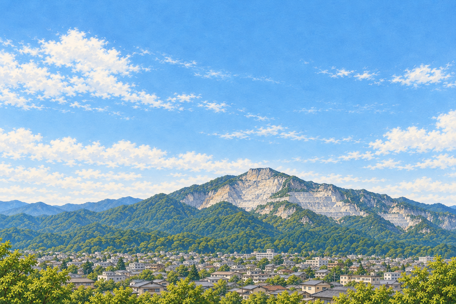 秩父市街と武甲山を参考に、低い家並みと段状の石灰岩の山肌を描いた創作イラスト。実景写真や現在の採掘状況、Bämの拠点を示すものではありません。