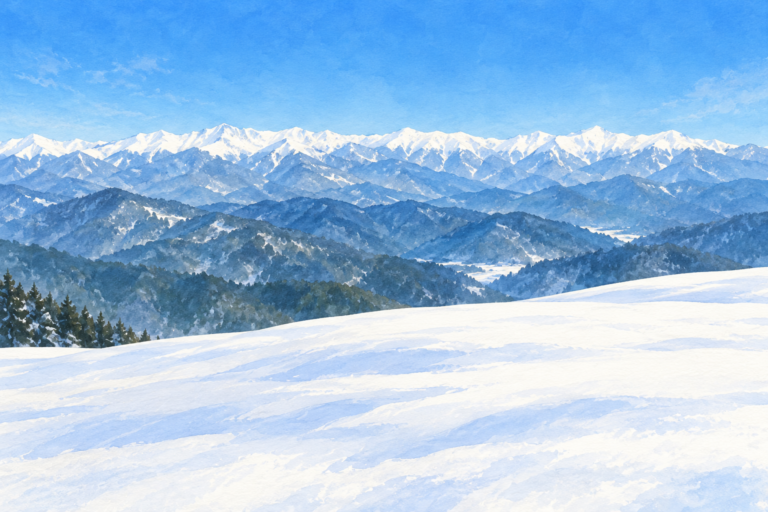 筑北村紹介の写真で確認した雪山と重なる山並みをモチーフに、遠くの白い稜線、青灰色の山々、手前の雪面と少しの森を別構図で描いた創作イラスト。山の形と配置は創作・簡略化を含み、正確な眺望や現在の積雪・天候を示す写真ではありません