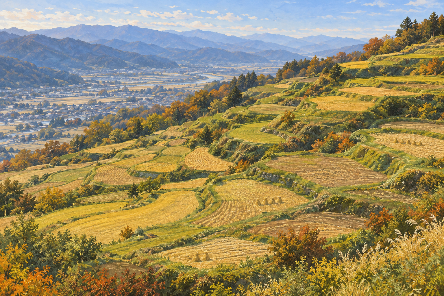 千曲市公式の姨捨の棚田の写真をモチーフに、緑と土色の段々の田畑、遠い町と山並みを別構図で描く創作イラスト。田畑や町の形と配置は創作と簡略化を含み、正確な農地や現在の作物・天候、立ち入りや通行の安全を示す写真ではありません