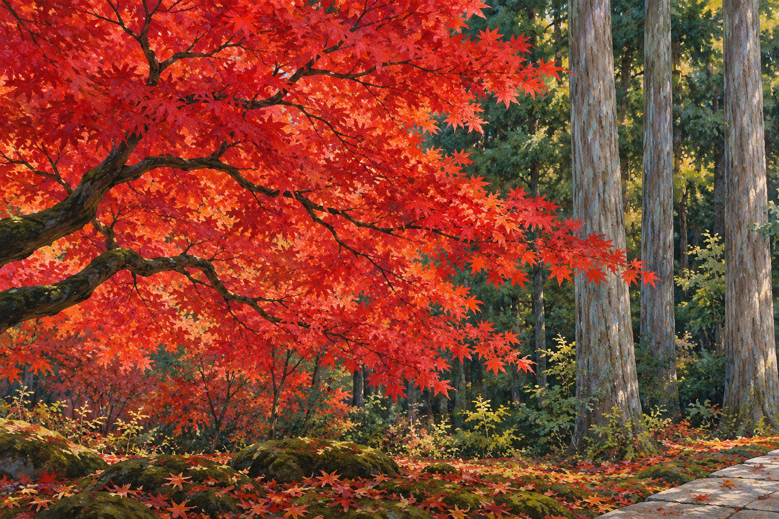 茅野市公式の長円寺の紅葉写真をモチーフに、赤い葉の広がりと高い木々を別構図で描く創作イラスト。木や地面の形と配置は創作と簡略化を含み、境内の正確な配置、実際の撮影地点や現在の紅葉・天候、立ち入りの安全を示す写真ではありません