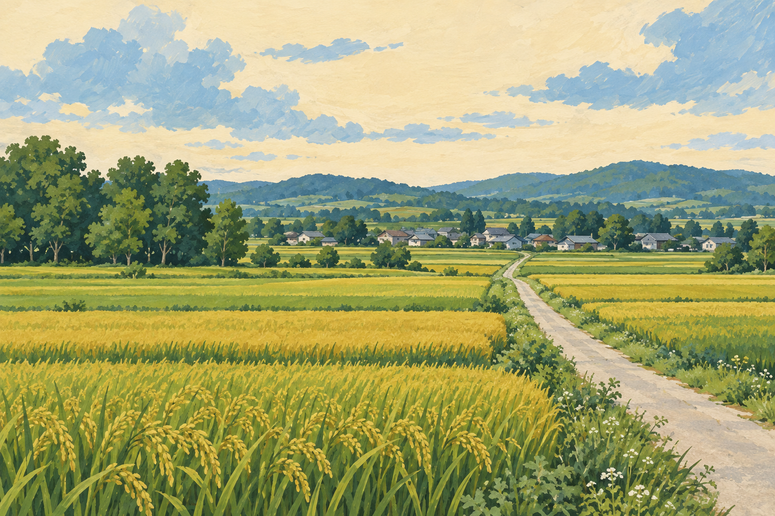 田畑の向こうに小さな町並みが広がる、秩父別町をイメージしたイラスト