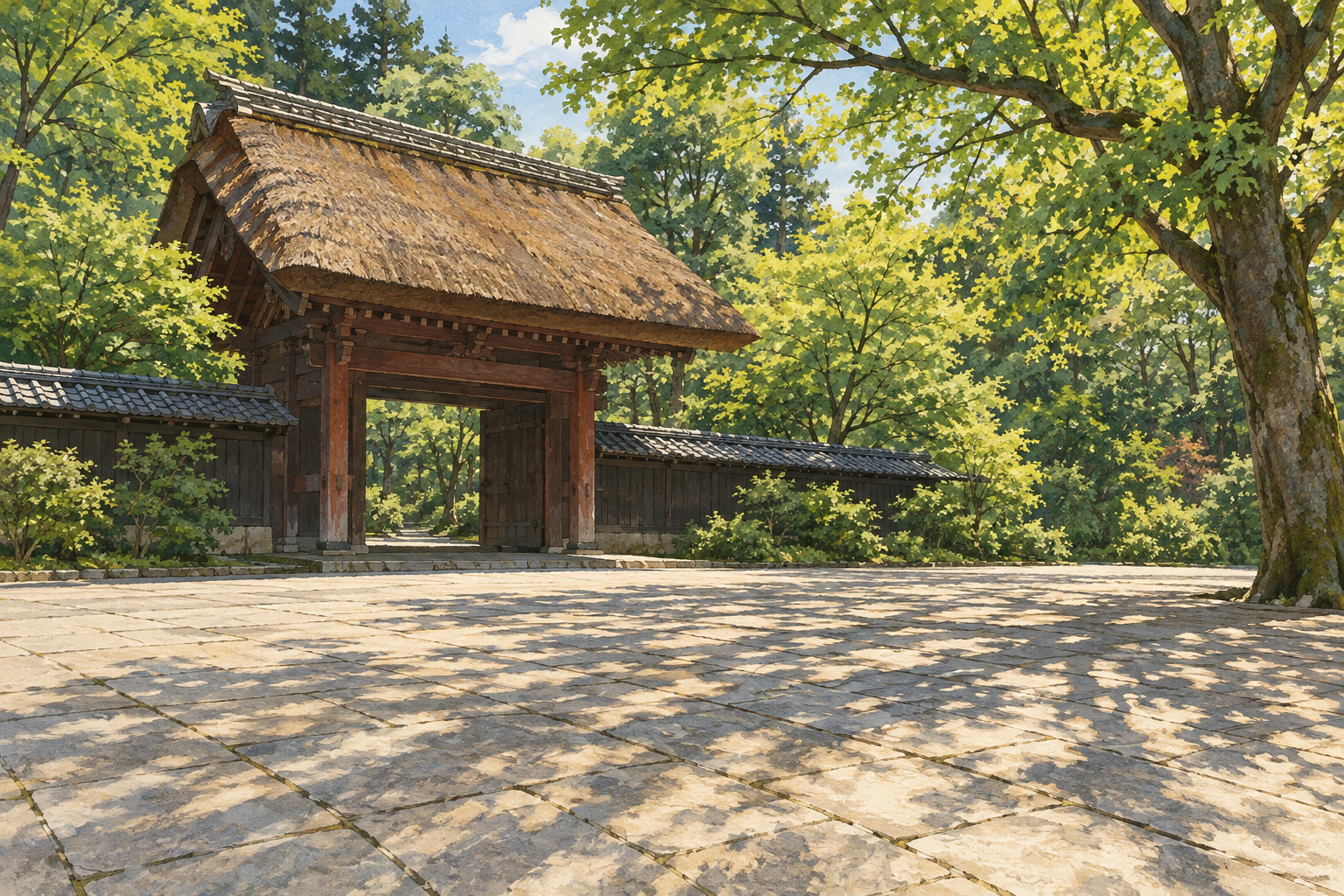 調布市の深大寺山門をモチーフに、茅葺の門と低い塀、木漏れ日の広場を描いた創作イラスト。正確な建物配置や現在の拝観状況を示す写真ではありません
