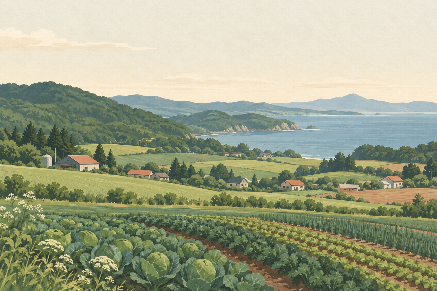 北海道伊達市の田園をイメージした、野菜畑と遠くの海のイラスト