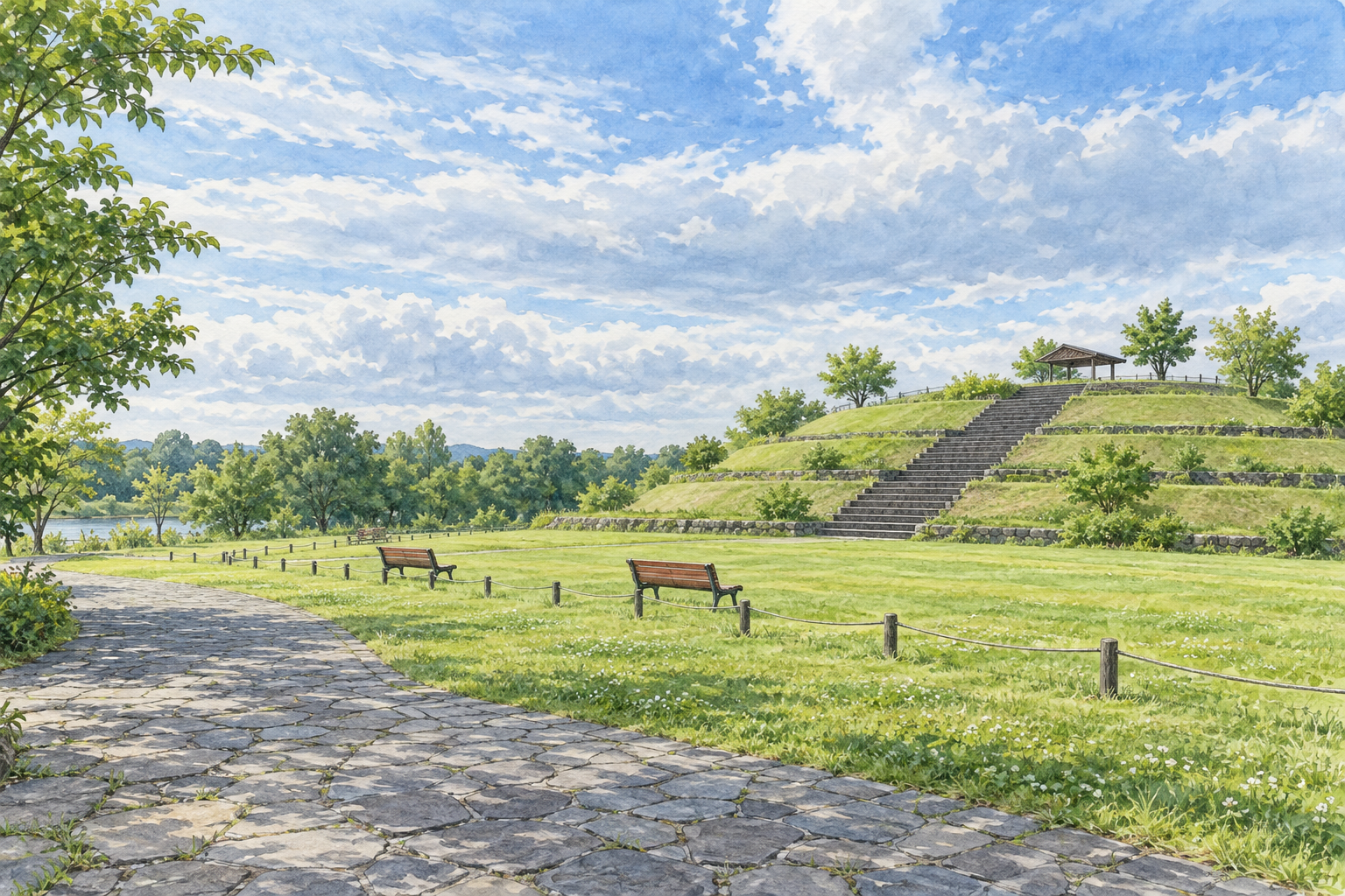 海老名市の相模三川公園の夕焼けの丘をモチーフに、低い段状の丘と石段、ベンチ、草地と広い空を描いた創作イラスト。正確な構造や配置、現在の施設・通行状況を示す写真ではありません