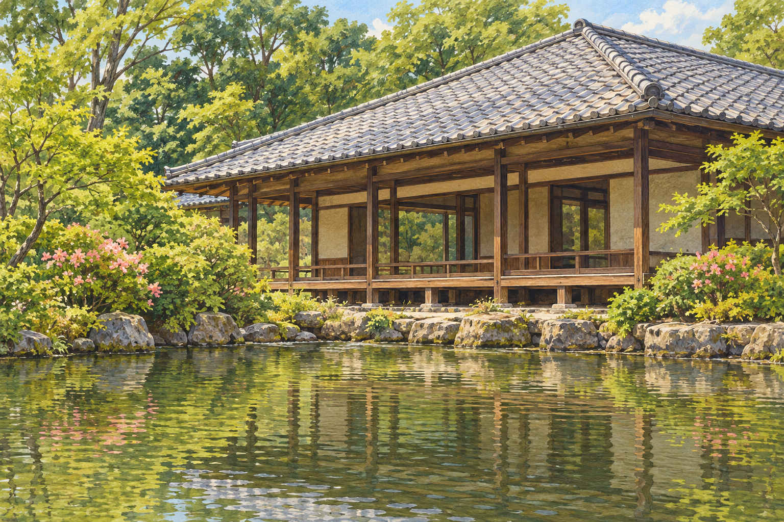 越前市公式の味真野苑写真をモチーフに、灰色の瓦屋根と木の縁側、緑の植え込みと池を描く創作イラスト。建物や庭の形・配置は創作と簡略化を含み、現在の施設・利用状況を示す写真ではありません