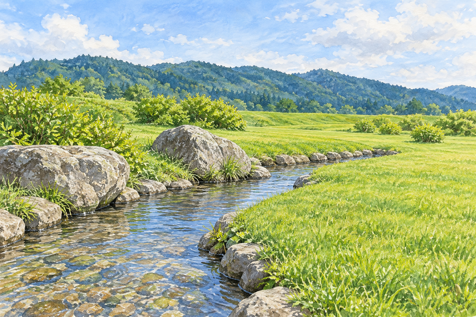 永平寺町公式の松岡河川公園写真をモチーフに、芝生を流れる石囲いの細い水路、大きな自然石と遠くの緑の山並みを描く創作イラスト。地形や水路・植栽は創作と簡略化を含み、現在の施設・水位・利用状況を示す写真ではありません