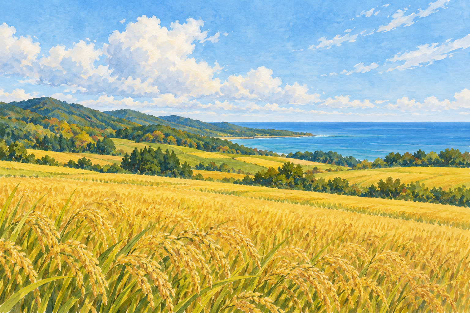 遠別町をイメージして描いた、黄金色の田畑と遠くの海のイラスト