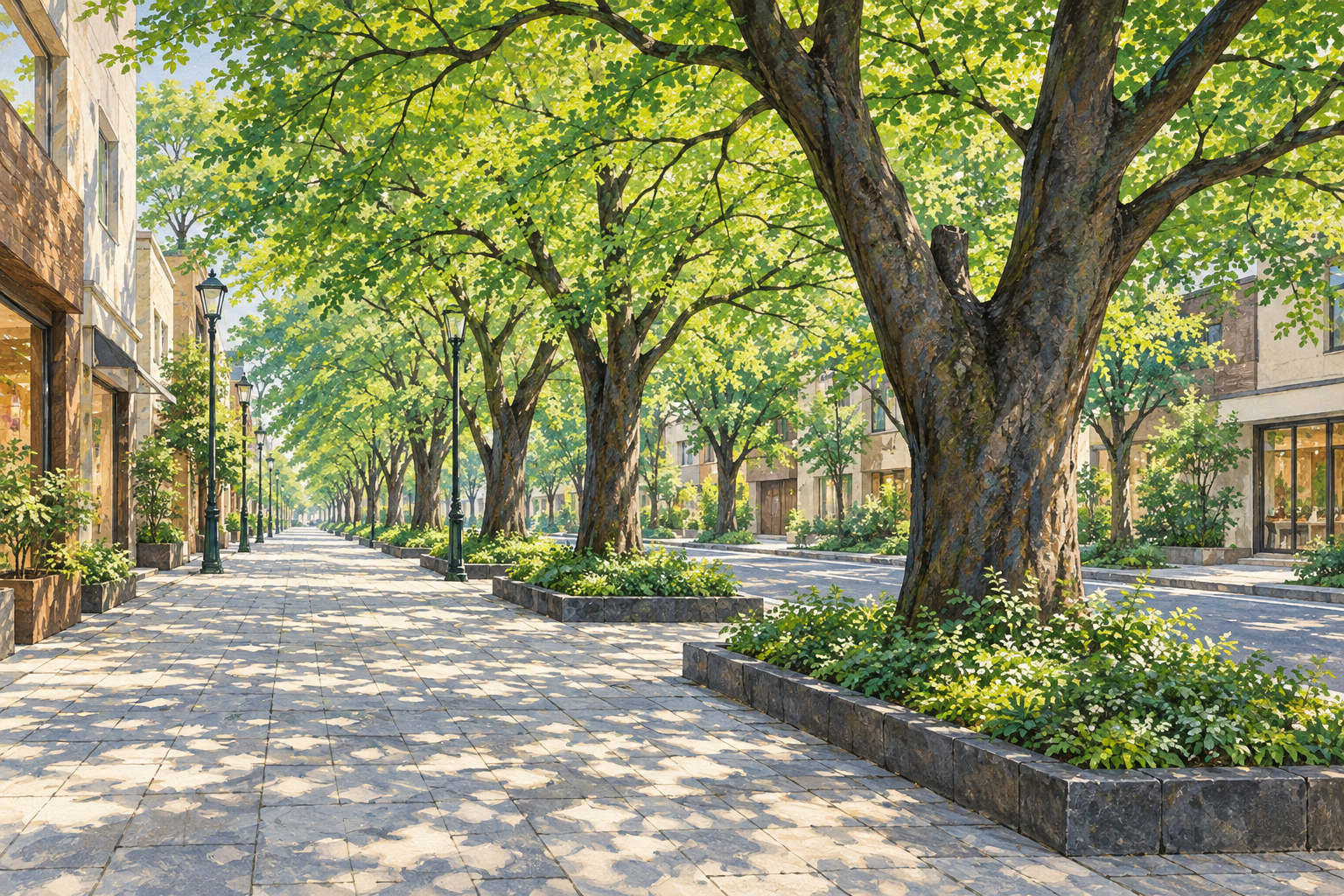 東京都府中市の馬場大門のけやき並木をモチーフに、街路の植栽帯から広がる大木と木漏れ日の歩道を描いた創作イラスト。現在の街路や正確な店舗配置を示す写真ではありません