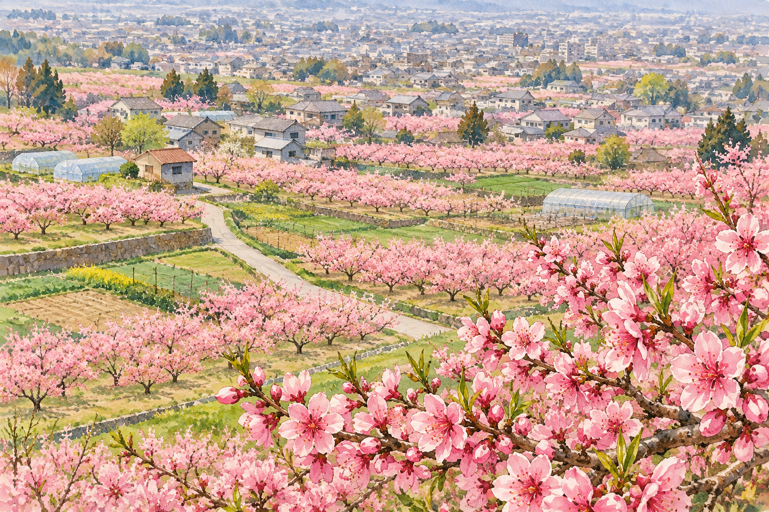 笛吹市公式の桃畑の写真をモチーフに、桃色の花が咲く畑と緑の区画、細い道、遠くのまちを描く創作イラスト。畑や道・建物の配置は創作と簡略化を含み、正確な地理や現在の開花・栽培・通行状況を示す写真ではありません
