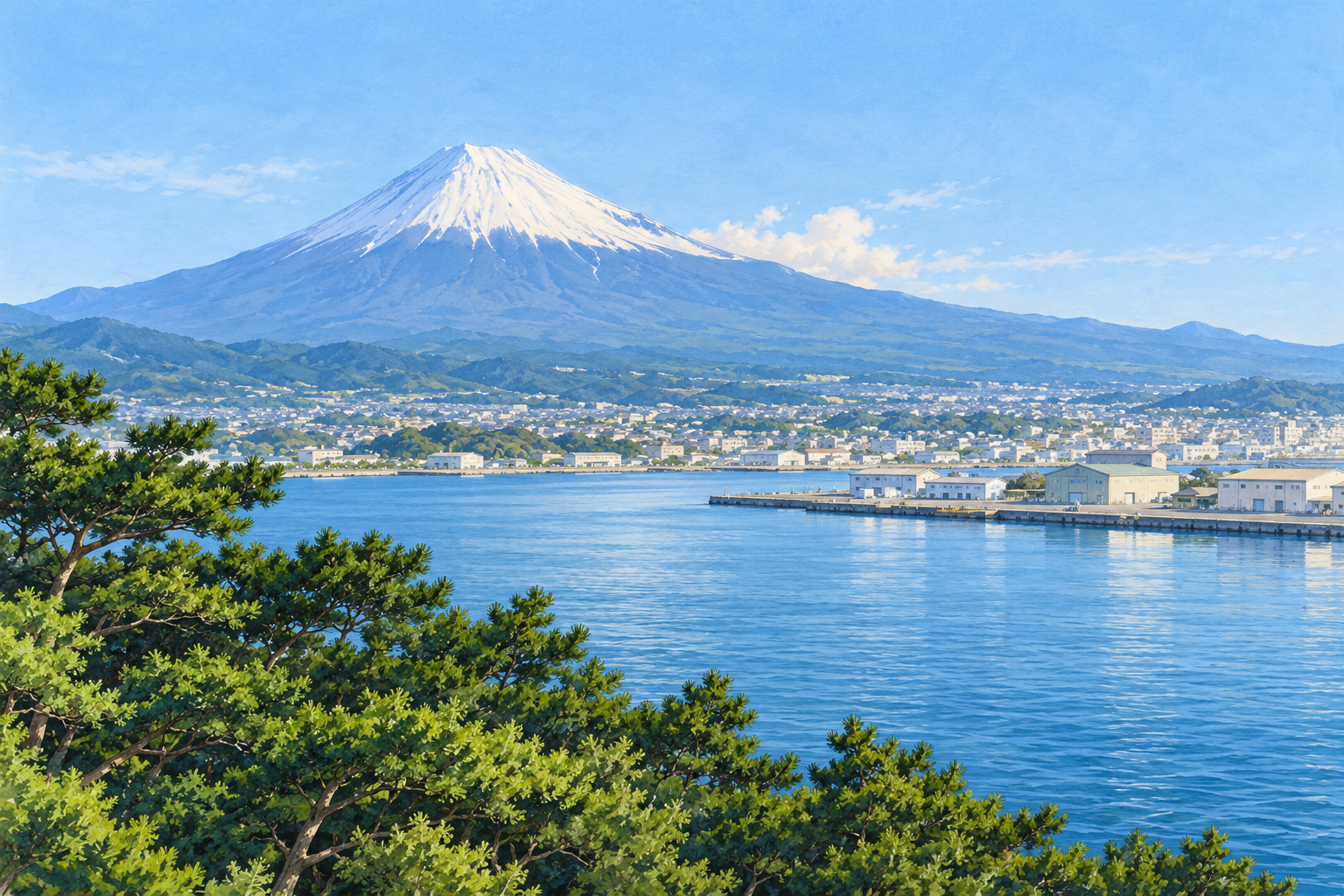 静岡県公式の富士緑地から見た田子の浦港の写真をモチーフに、手前の松、港の水面と低い倉庫、奥に裾野の広い富士山を別構図で描いた創作イラスト。現在の施設配置や稼働状況、実際の眺めや経路を示す写真ではありません