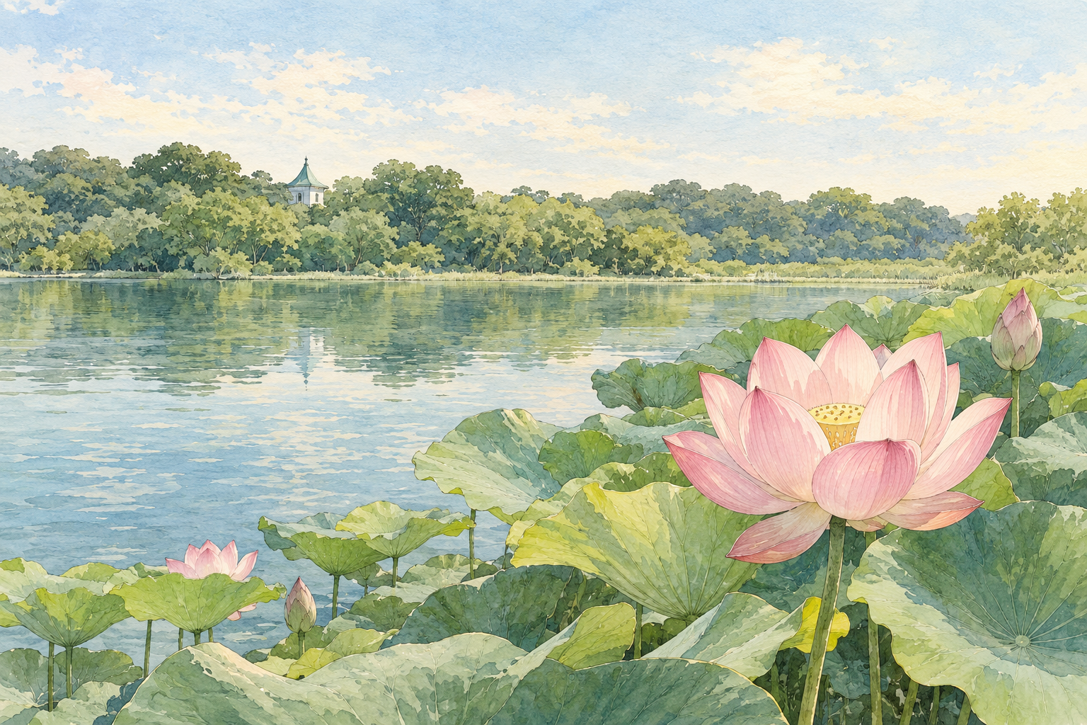 藤枝市公式の蓮華寺池公園の写真をモチーフに、池のハスの葉と桃色の花、対岸の緑と小さな尖り屋根を別構図で描いた創作イラスト。建物の正確な配置や現在の開花、施設利用や通行の状態を示す写真ではありません