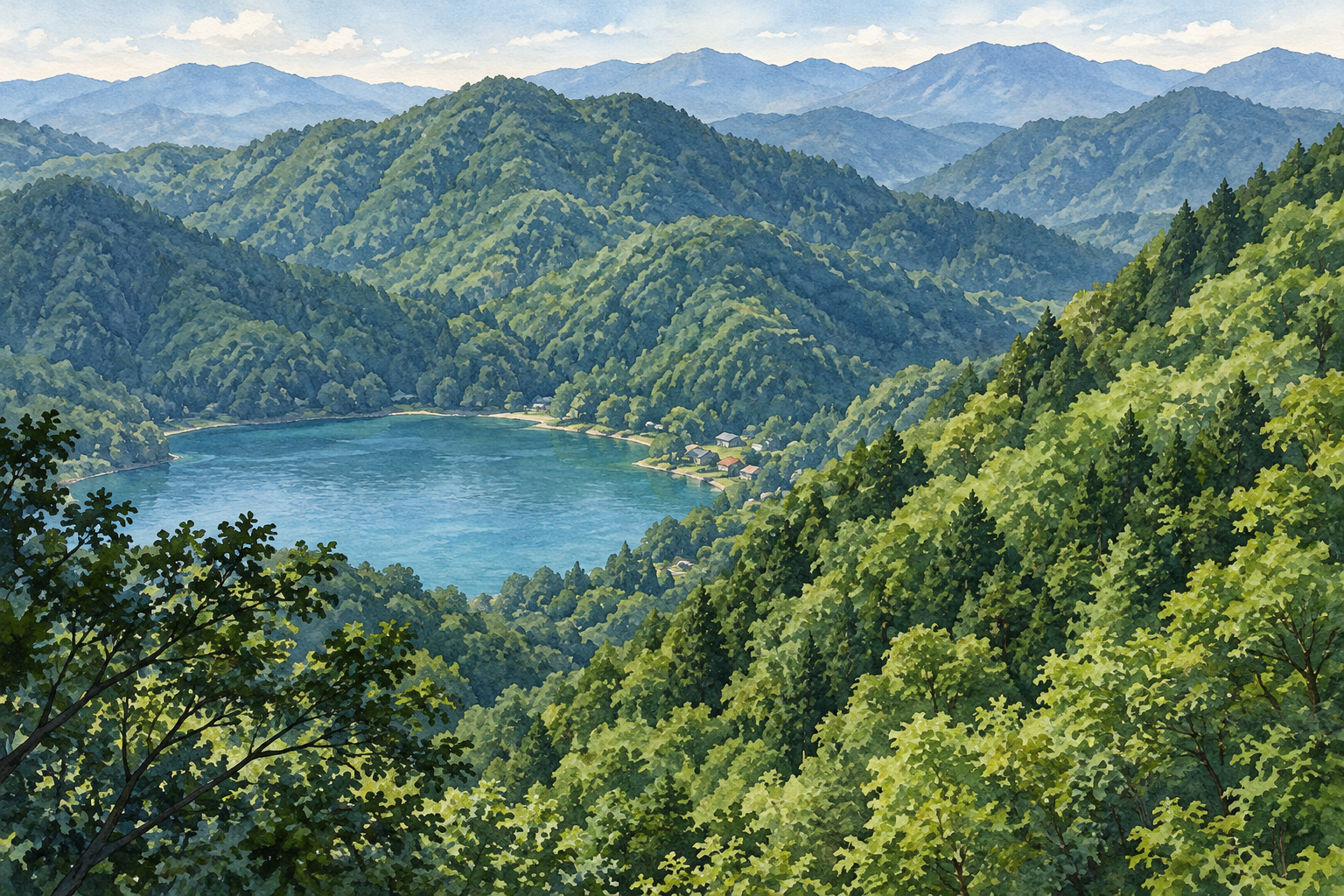富士河口湖町の精進湖の写真をモチーフに、緑の山々に囲まれた湖と岸辺の小さな屋根、手前の森を別の構図で描く創作イラスト。稜線や岸線と建物は簡略化を含み、正確な地形や現在の立入・営業状況を示す写真ではありません