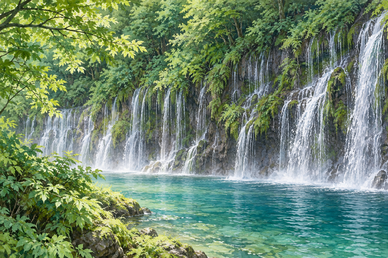 富士宮市公式の白糸の滝の写真をモチーフに、木々に囲まれた湾曲する岩壁と幾筋もの細い滝、青緑の滝つぼを別構図で描いた創作イラスト。現地の正確な配置や現在の水量、経路、通行の可否を示す写真ではありません