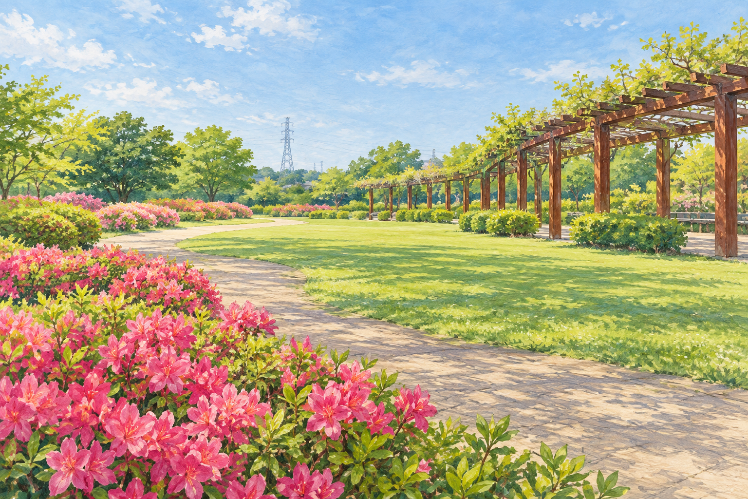 藤沢市の引地川親水公園をモチーフに、赤茶色の長い藤棚、若葉と芝生、桃色のツツジを描いた創作イラスト。現在の開花や施設配置、通行を示す写真ではありません
