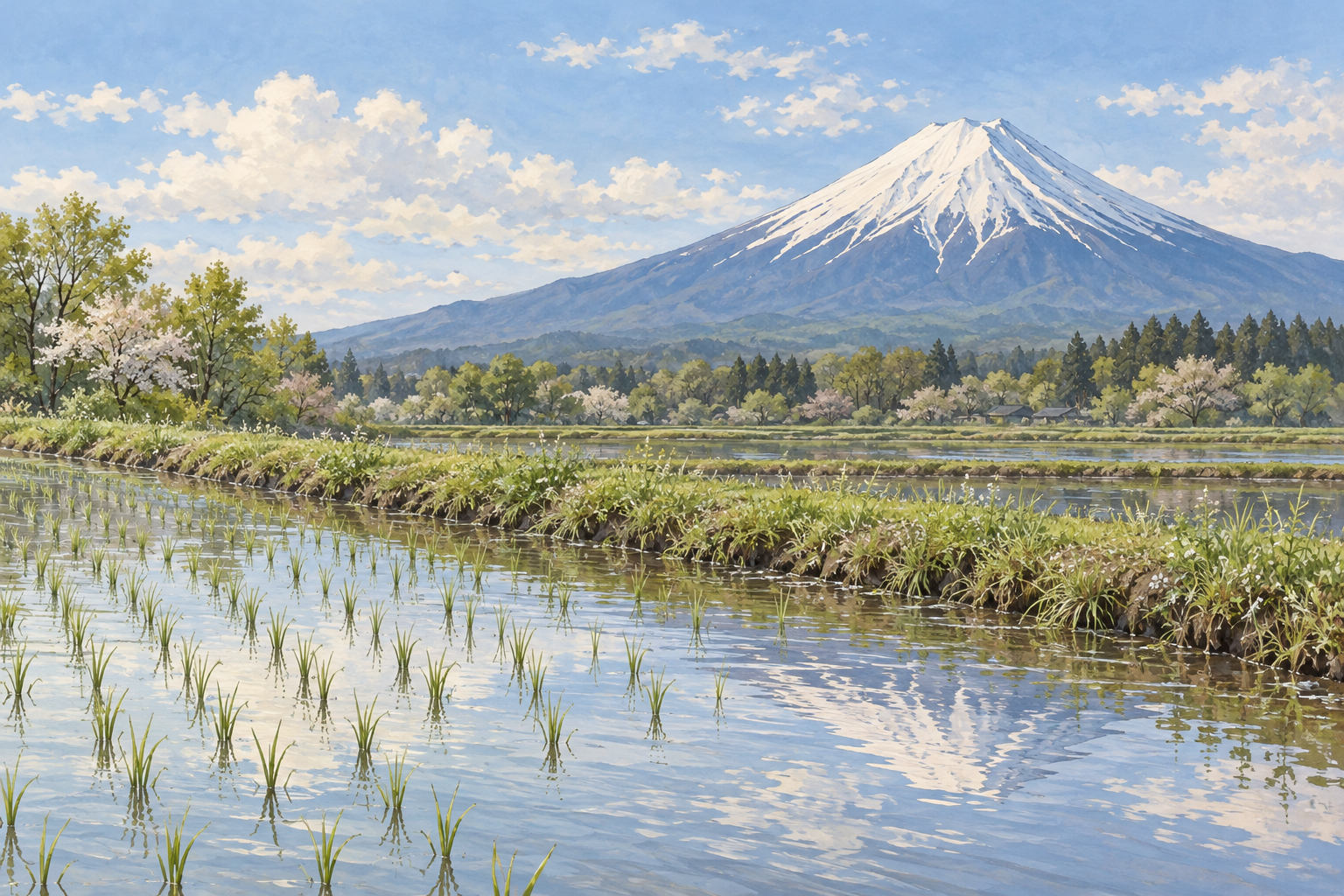 日本富士山協会の富士吉田農村公園の写真をモチーフに、水田と畦、木立の向こうの富士山を描く創作イラスト。山や田畑の配置は創作と簡略化を含み、現在の耕作状況・通行や正確な眺望を示す写真ではありません