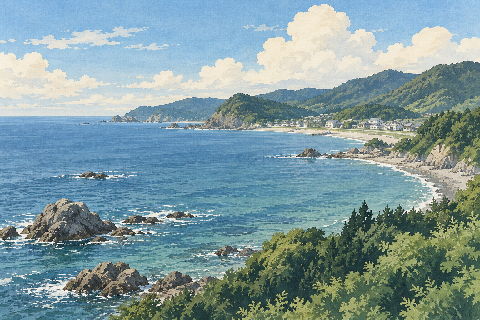 深浦町をイメージした、岩のある海岸と青い海、緑の山並みのイラスト