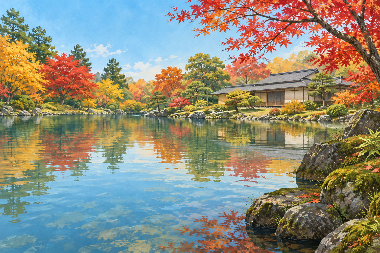 福井市公式の養浩館庭園写真をモチーフに、池と低い屋敷、秋の木々と水面の映り込みを描く創作イラスト。建物や植栽の形・配置は創作と簡略化を含み、現在の景観や開園・立ち入り状況を示す写真ではありません