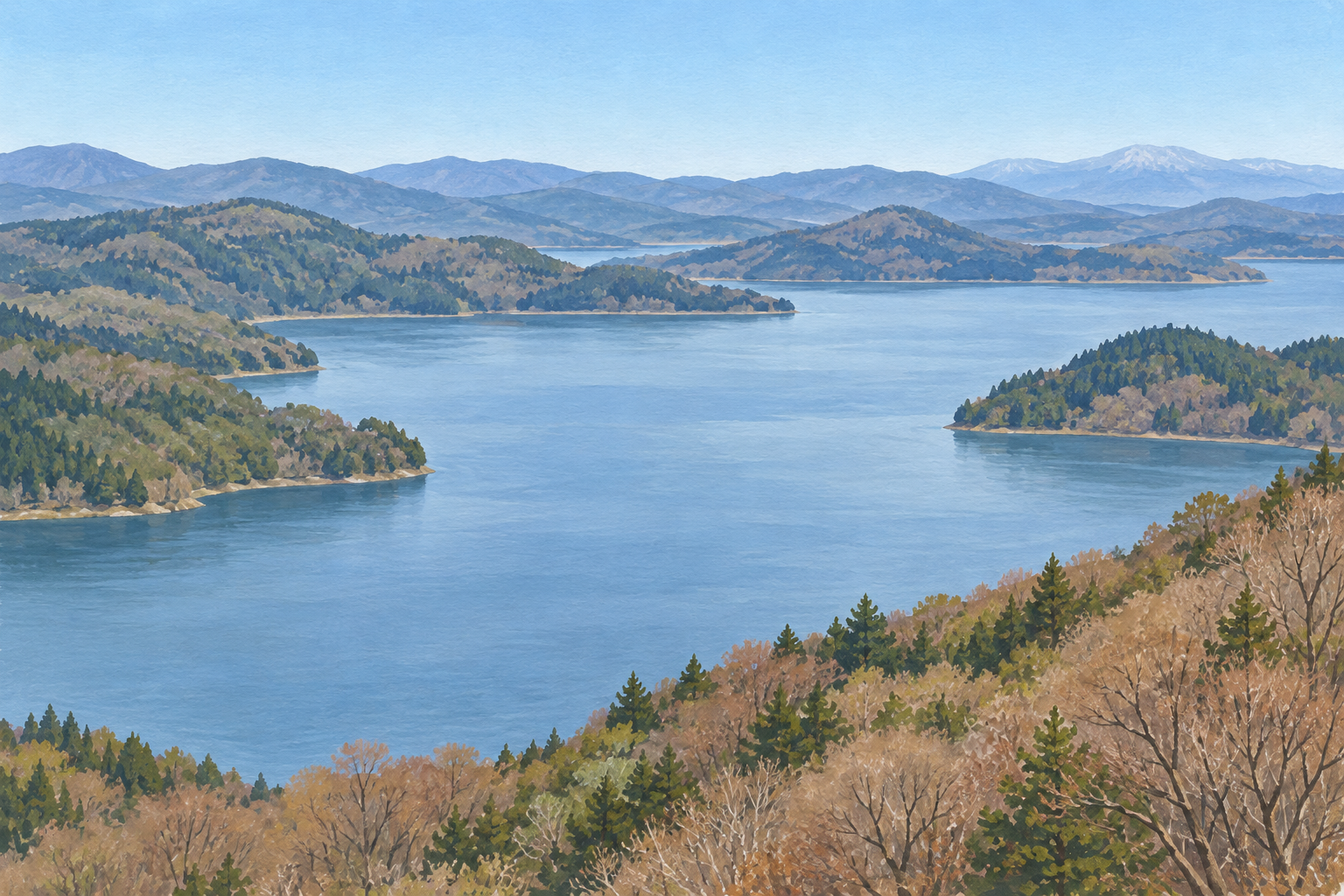 水月湖の県公式写真をモチーフに、低い山々に囲まれた青い湖と手前の斜面を描く創作イラスト。湖岸や山の形・色合いは創作と簡略化を含み、現在の景観や通行状況を示す写真ではありません