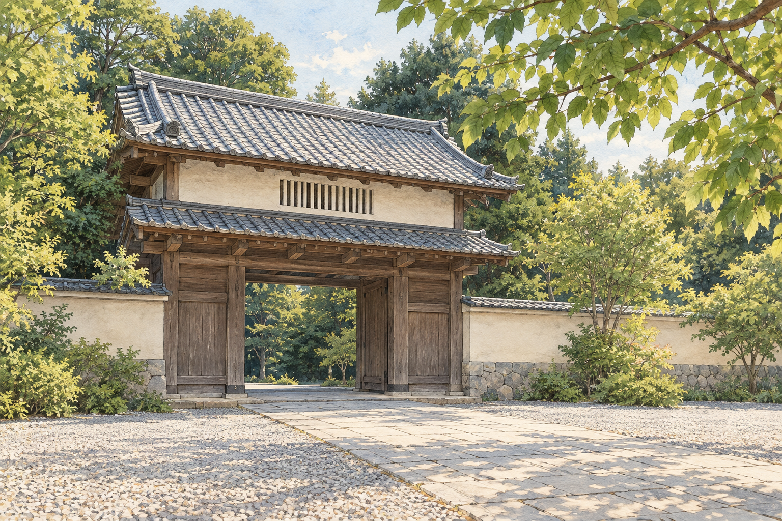 静岡県公式の油山寺山門の写真をモチーフに、白い上部と灰色の瓦屋根を持つ木の門、石の足元と木立を別構図で描いた創作イラスト。建築の細部や道の正確な配置、現在の公開や通行の状態を示す写真ではありません