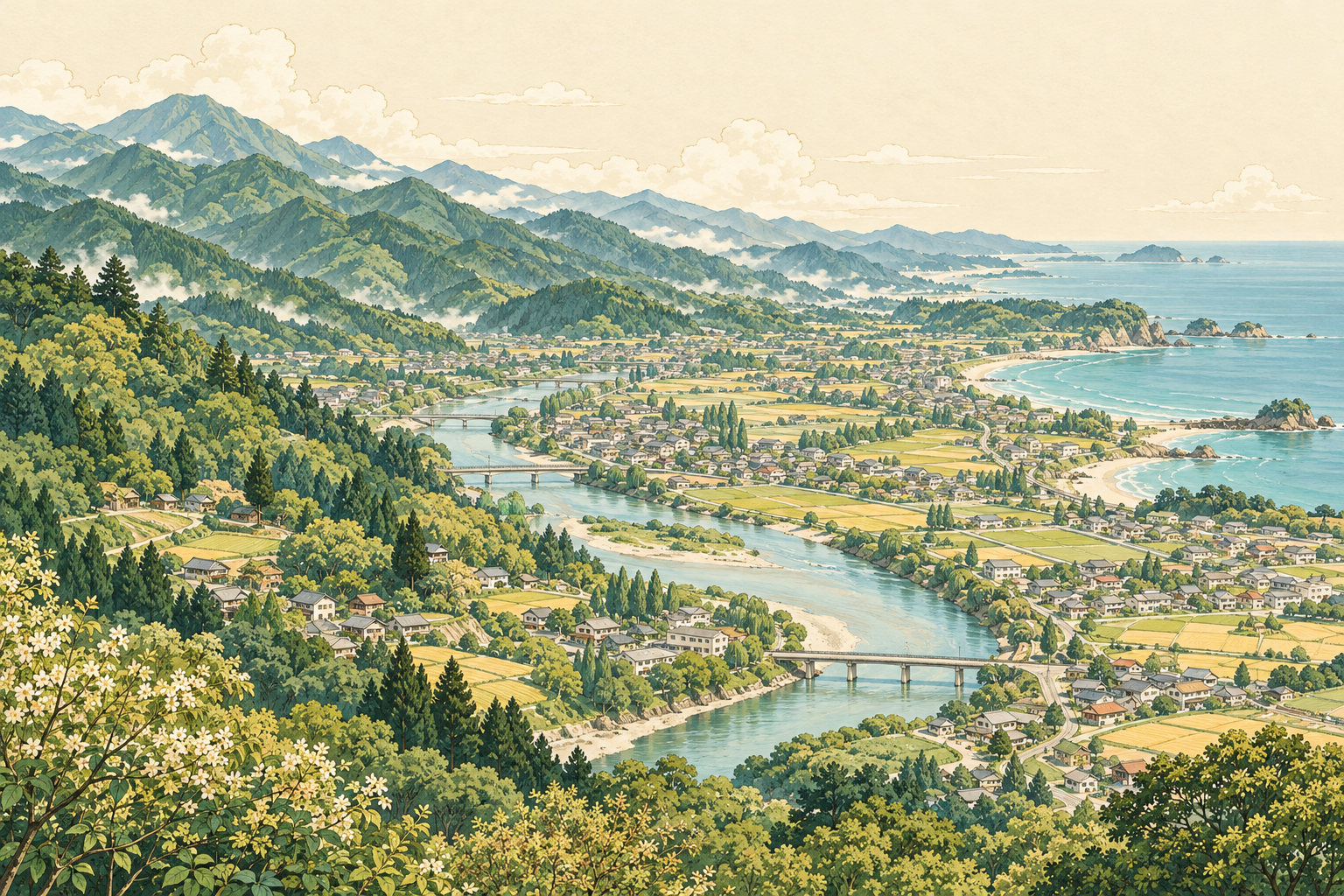 福島県の山並み、町と田畑、川から海へつながる風景をイメージした創作イラスト。特定の場所の実景、実在の企業やBämの拠点ではありません。