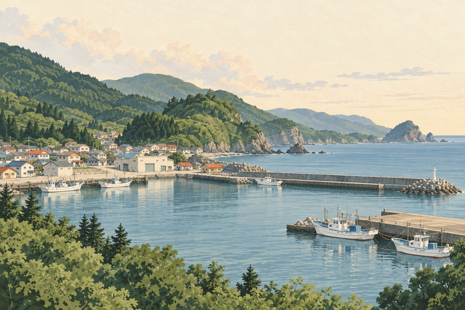 福島町の海辺をイメージした、緑の山々と小さな漁港のイラスト