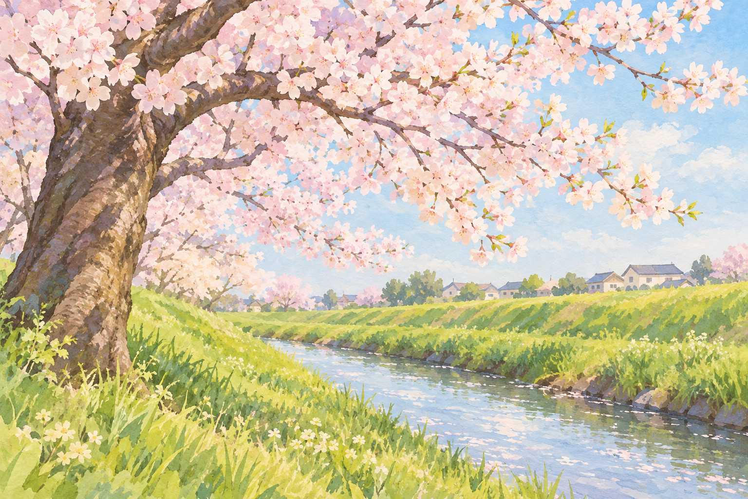 富山県が掲載する舟橋村の京坪川沿いの写真をモチーフに、淡い桜の枝と細い水路、緑の土手、奥の低い家並みを描いた創作イラスト。桜や川・家・光・配置は創作と簡略化を含み、正確な地形・現在の開花や水量・季節・暮らし・通行・安全を示す写真ではありません