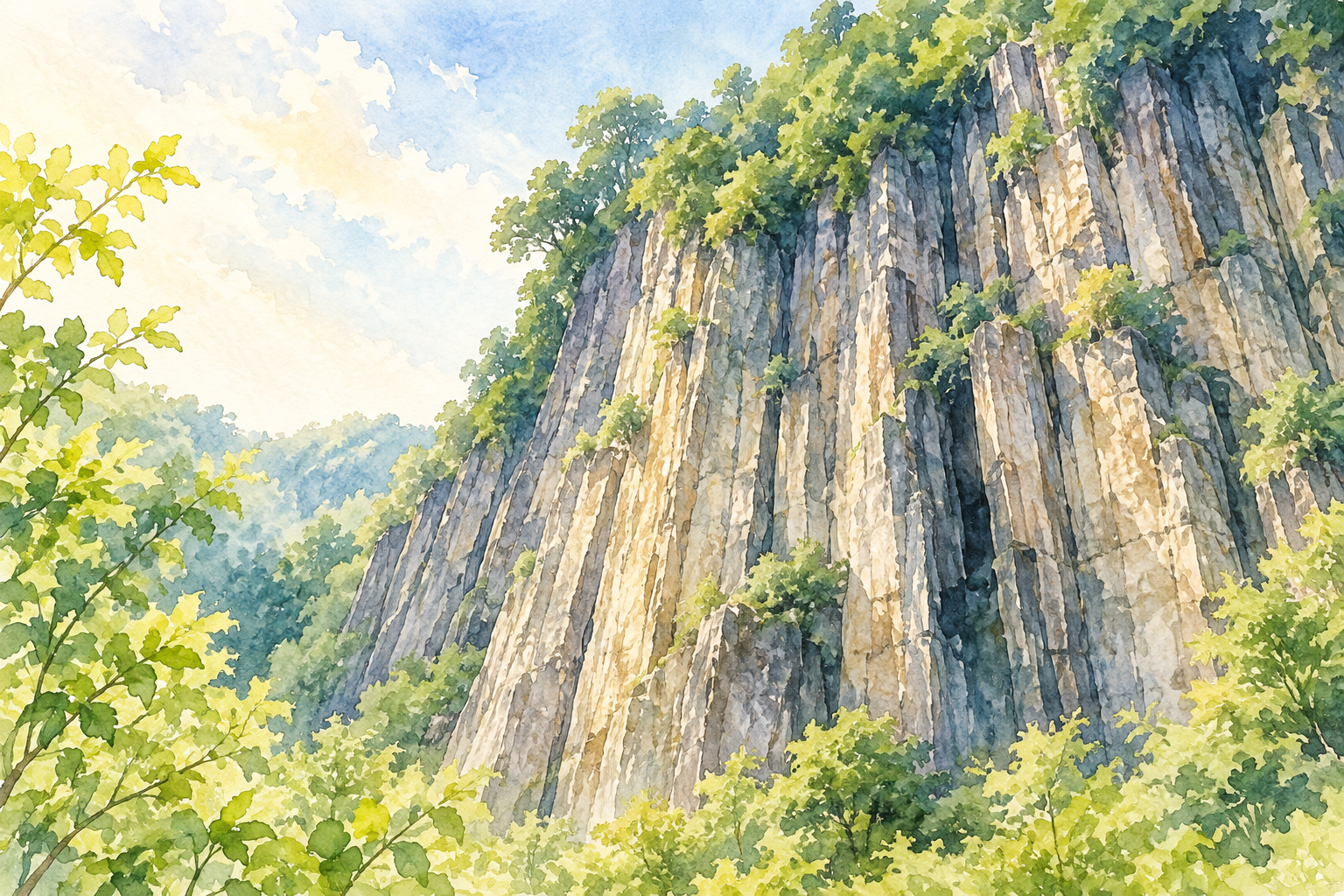 縦に細かな筋が入る大きな灰茶色の岩壁と緑の森、明るい空を描いた、下呂市の巌立峡をモチーフにした創作イラスト