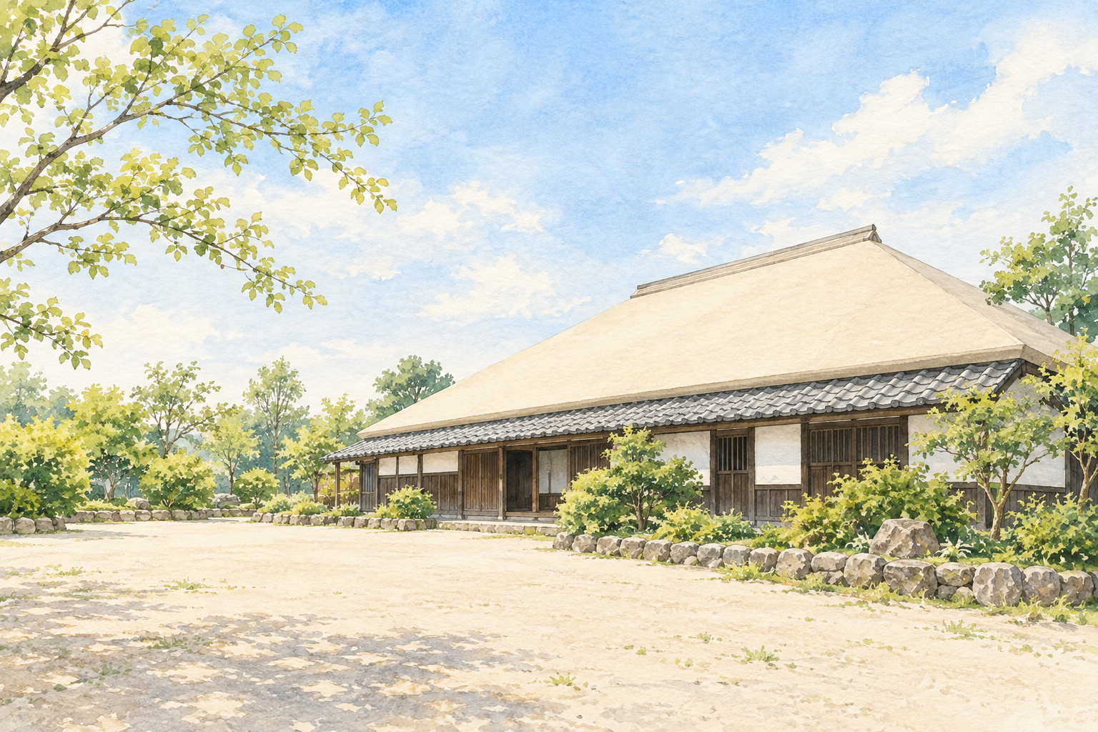 岐南町の旧宮川家住宅をモチーフに、大きな淡い屋根と低い軒、木と白壁、緑の庭と明るい前庭を描いた創作イラスト