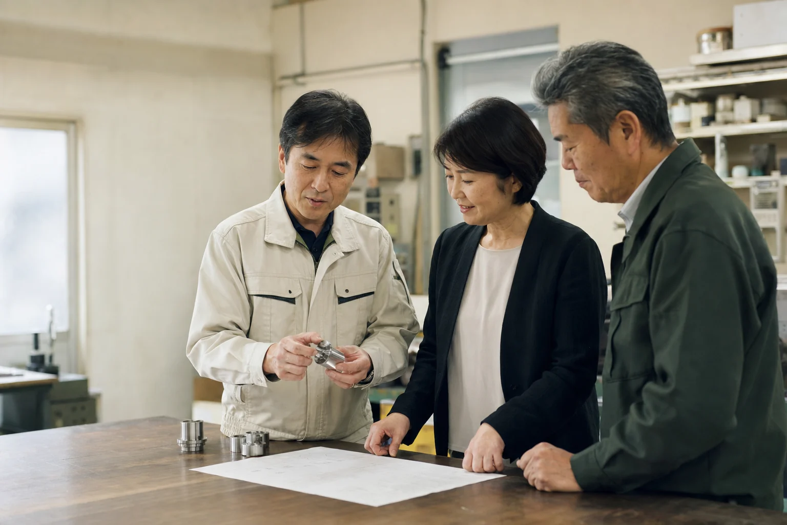 製品資料と地域の地図を見ながら、会社の担当者と取引先や採用へ伝える内容を話し合う様子