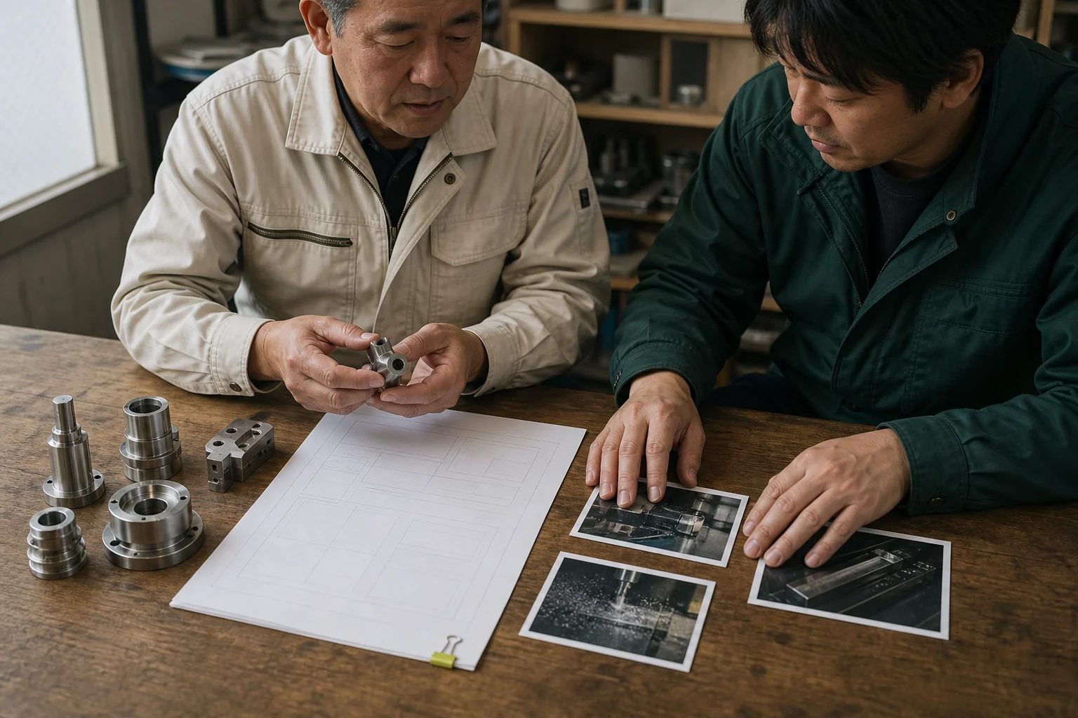 会社の仕事場で設備、サービス、採用について話を伺い、掲載内容を整理する様子