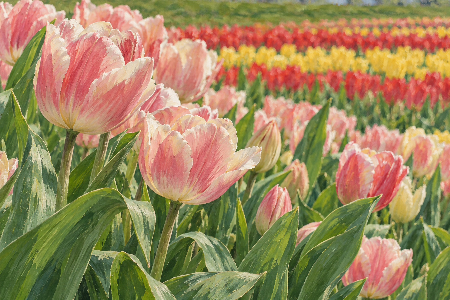 五泉市のチューリップ畑をモチーフに、手前の淡い桃色の花と緑の葉、奥の赤や黄色の花を描いた創作イラスト。品種や花の配置、畑の色帯は創作・簡略化を含み、現在の開花・会場・開催日・通行や安全を示す写真ではありません