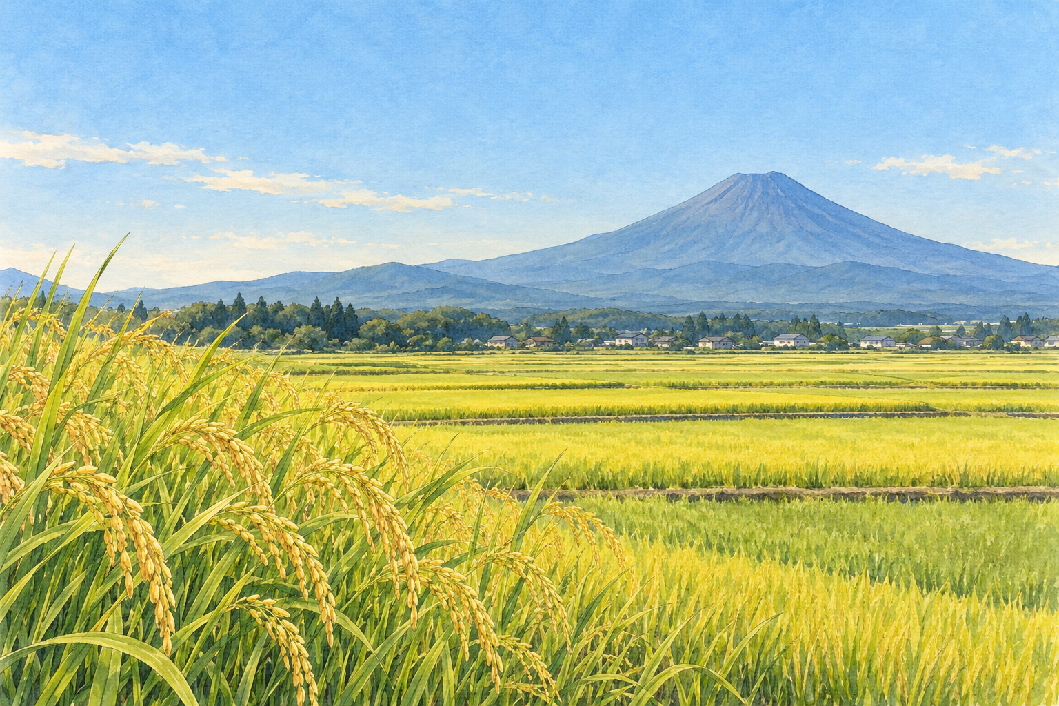 静岡県公式の御殿場市仁杉の写真をモチーフに、低い段差で広がる水田と青灰色の富士山、遠い緑と空を別構図で描いた創作イラスト。田畑や道の正確な配置、現在の生育や通行の状態を示す写真ではありません