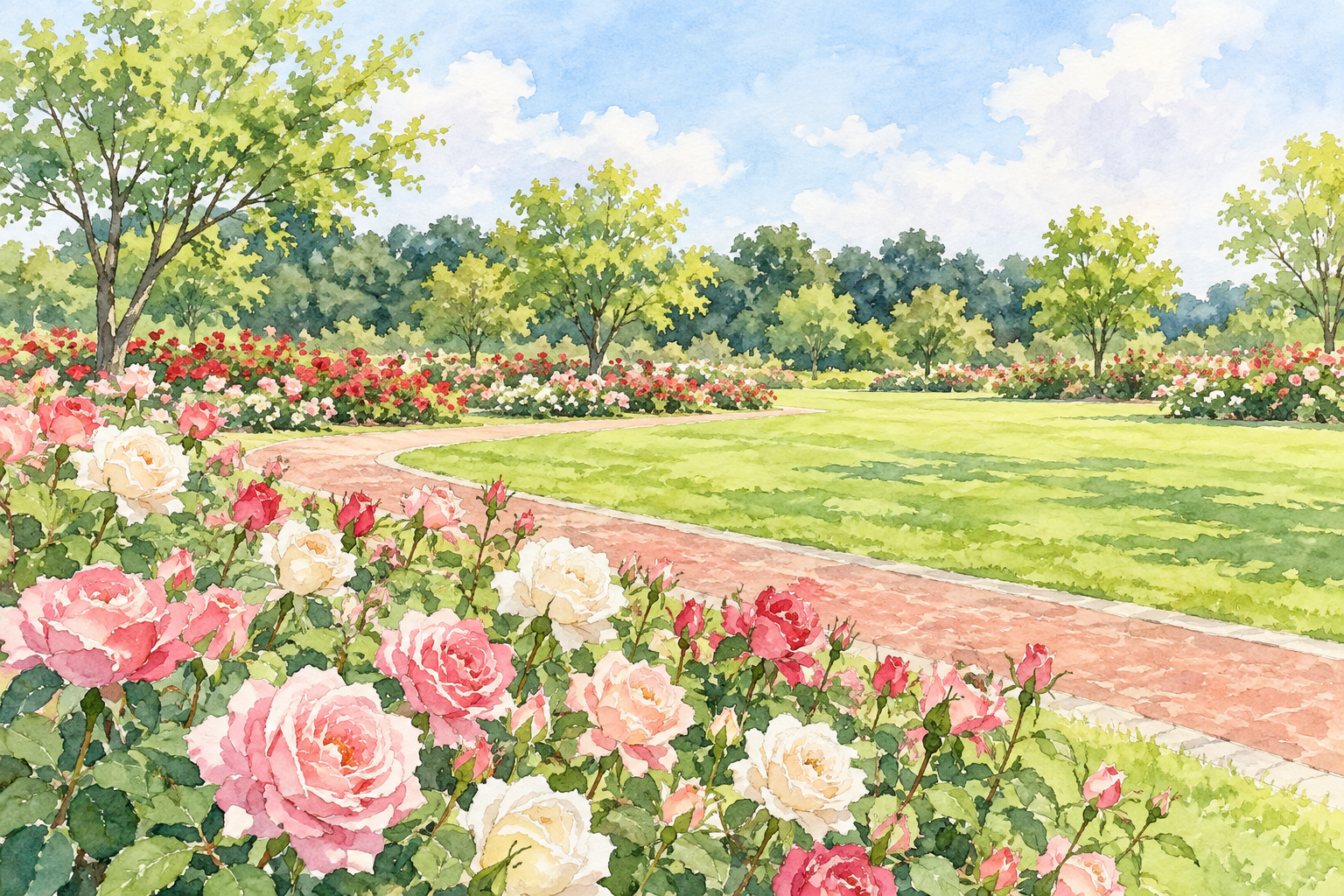 神戸町のばら公園いこいの広場をモチーフに、ピンクや白のバラ、芝生と赤茶色の園路、緑の木々を描いた創作イラスト