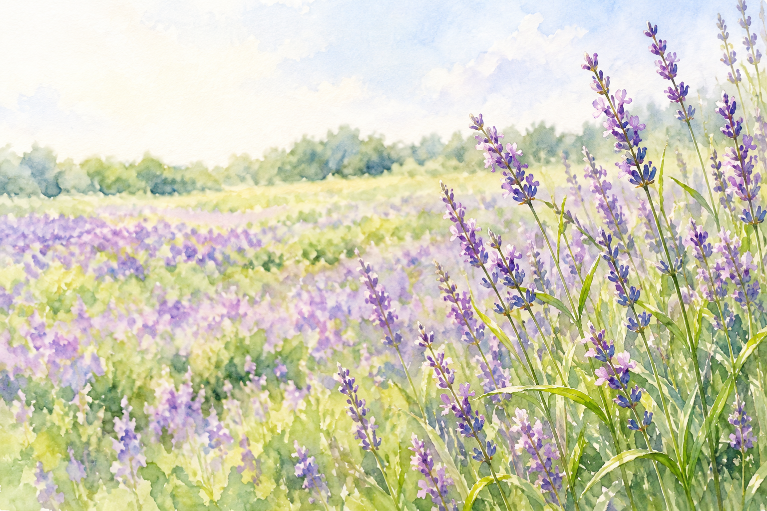 右手前の紫色の花穂と、左へ柔らかく広がる緑と薄紫の花畑を描いた、郡上市ひるがの高原の花をモチーフにした創作イラスト